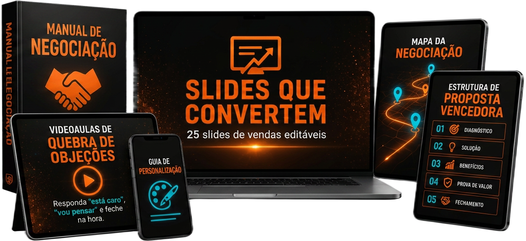 Mockups dos 25 slides editáveis, vídeo aulas e bônus do Slides que Convertem