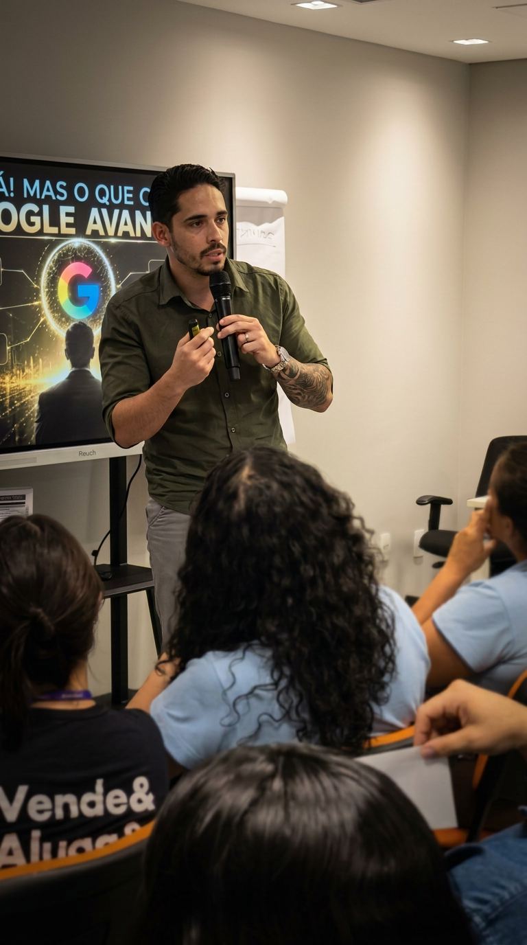 Especialista comercial apresentando uma palestra com microfone para uma plateia